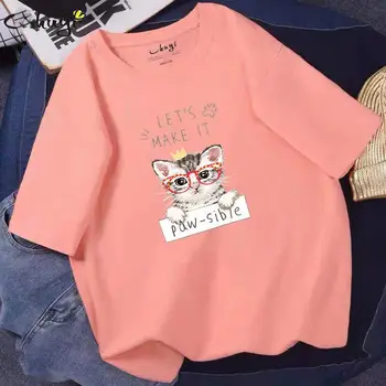 2021 Naujas Cute Cat Graphic T Shirt Mados Print T-shirt Moterims, Vasaros Mados Marškinėlius Tee Viršų Moteriška Rožinė