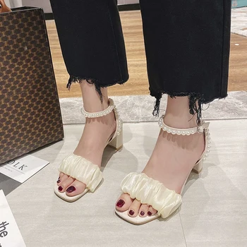 2021 naujas vasaros moteriški sandalai su pearl pasakų fėja stiliaus korėjos laukinių storio švelnus žodis su aukštakulniais bc089