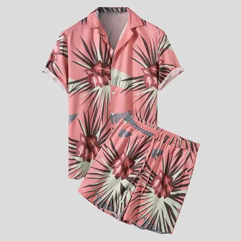2021 Vasaros Mados Vyrai Havajų Spausdinti Kostiumas trumpomis Rankovėmis Mygtuką Marškinėliai Paplūdimio Šortai Streetwear Atsitiktinis Mens Kostiumas, 2 vnt. M-3XL