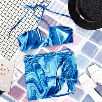 3 gabalus sijonas swimsuit moterys push up Bandeau bikini 2021 Tuščiaviduriai iš plaukimo Aukšto juosmens maudymosi kostiumai Seksualus mėlynos spausdinti maudymosi kostiumas