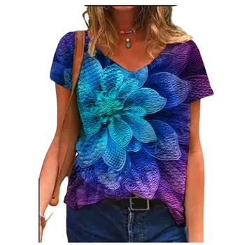 3D, Abstraktūs Moterų Print T Shirt Vasaros 2021 Naują Atsitiktinis trumpomis Rankovėmis V-Kaklo Tee Lady Mados Streetwear Negabaritinių Viršūnes Plius Dydis