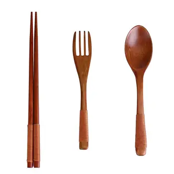 3pcs/Set Japonijos Derliaus Medinės Lazdelės Šaukštas Šakutė, Stalo reikmenys Naują Dovanų Bambuko ir maišelį, stalo įrankiai trijų dalių virtuvės įrankių L*5