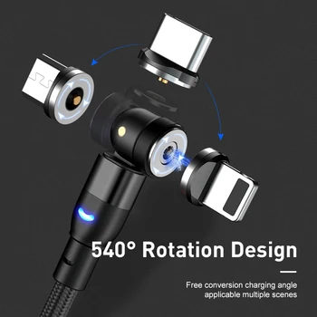 540 Laipsniu Sukasi LED Magnetinio Vielos Micro USB Greito Įkrovimo Kabelis iPhone, 11 XS XR 