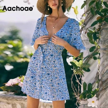Aachoae Sexy V Kaklo Florla Spausdinti Mini Suknelės Moterų Paplūdimio Stiliaus Trumpomis Rankovėmis Mygtukai Suknelė Su Diržo 2021 M. Vasarą Sundress