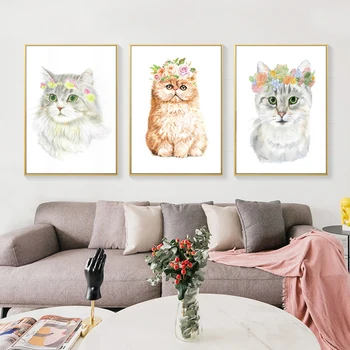 Abstrakti akvarelė gyvūnų plakatas katės mažylių vainikas mielas animacinių filmų vaikams, miegamojo kambarį apdailos dažymo apdaila