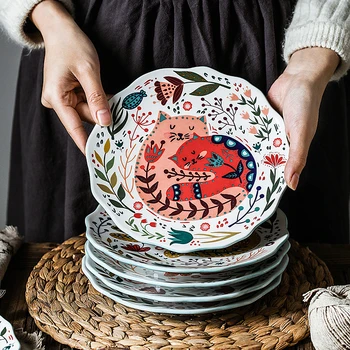 Apvalios Plokštės Keramikos Spalvos Indų, Japonų stiliaus Ranka-dažytos Animacinių filmų Pasisekė Katė Asmenybės Kūrybos Namuose Patiekalas Šiaurės Stalo