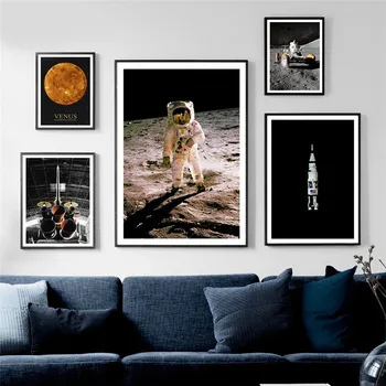Astronautas Raketų Mėnulis Erdvės Sienos Meno Tapybos Drobės Derliaus Šiaurės Plakatai Ir Spausdina Sienos Nuotraukas Kambarį Namų Dekoro