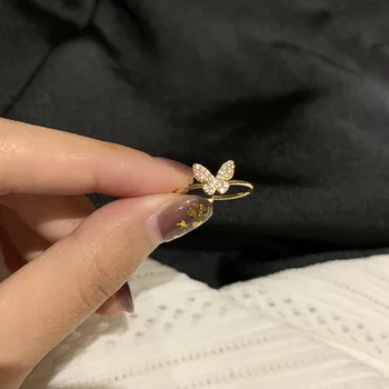 Aukso Spalvos Cirkonis Crystal Butterfly Žiedai Moterims korėjos Mielas Mažas Atidarymo Piršto Žiedai bendras uodega Žiedas Moterų Papuošalai