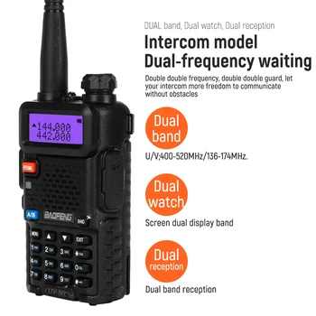 BAOFENG UV-5R Walkie Talkie 5W VHF UHF 136~174MHz 400~470MHz Dual Band Medžioklės Radijas Su Žibintuvėliu