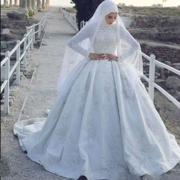 Bauda Hijab Musulmonų Vestuvių Suknelės Ilgomis Rankovėmis Nėrinių Appliqued Satino Islamo Vestuvinės Suknelės