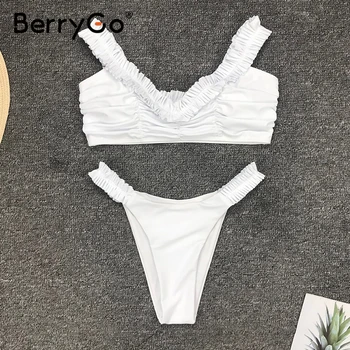 BerryGo Seksualus ruched pynimas balta bikini Elegantiškas dviejų dalių vasaros paplūdimio maudymosi kostiumėliai, Plisuotos aukštos cut push up moterų maudymosi kostiumėlį 2020 m.
