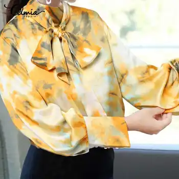 Celmia Mados Satino Palaidinė Moterims peteliškę Elegantiškas Biuras Marškinėliai 2021 M. Rudenį Aukšto Kaklo Žibintų Rankovės Blusas tie dažai Spausdinti Viršūnės