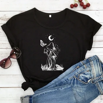 Dangaus Mėnulis Ir Grybai T-shirt, Derliaus Botanikos Cottagecore Marškinėliai, Viršuje Estetinės Moterų Grafinio Pobūdžio Marškinėlius