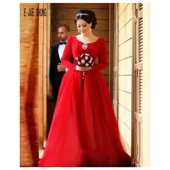 E JUE SHUNG Vintage Red Vestuvių Suknelės, V-Kaklo, ilgomis Rankovėmis Linijos, Dubajus Vestuvinės Suknelės Užtrauktukas Nugaros Lankas Kristalų vestido de noiva