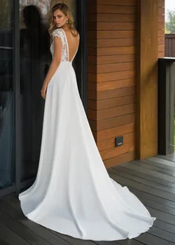 Elegantiškas Satino V-kaklo-line Vestuvių Suknelės Baltos Moterys Lady 2021 Boho Vestuvinės Suknelės Backless Vestido de noiva Plius dydis