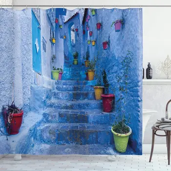 Gatvės su Spalvinga Gėlių Vazonai iš Miestas Chefchaouen, Marokas Kelionės Kaime, audinys Audinys Vonios kambario Dekoro