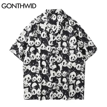 GONTHWID Havajų Marškinėliai Harajuku animacinių filmų Gyvūnų Panda Marškinėliai Streetwear Mados Atogrąžų Atostogų Paplūdimyje Mygtuką trumpomis Rankovėmis Viršūnes