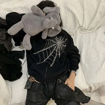 Gothic Punk Voratinklyje Hoodie Moterų Pasakų Grunge Tamsiai Akademijos Striukė Kailis Harajuku Outwear Užtrauktukas Palaidinės Emo Dugnas