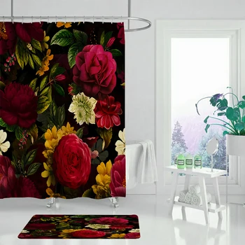 Gėlių dušo uždanga natūralių apdailos vonios kambarys, tropinių džiunglių augalų vonios vandeniui ir plaunamas poliesterio audinio