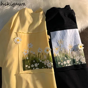 Hikigawa Japonija Cute Drabužiai Moterims Tee Kawaii Viršūnes Gėlių Spausdinti marškinėliai trumpomis Rankovėmis Lady T Shirts 2021 M. Vasaros Mados Marškinėlius