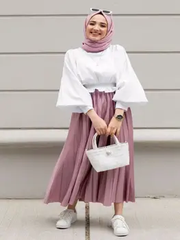 Holas Du Kartus Kostiumas 2 Gabalas Rinkiniai Moterims Musulmonų Mados Kuklios Suknelės Klostuotas Sijonas Vintage White Marškinėliai Palaidinė 2021 Metų Pavasarį, Vasarą