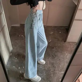 Honkongo stiliaus dizaino prasme, aukštos juosmens grandinės džinsai moterų elegantiškas pločio kojų kelnės prarasti tiesios kelnės rudenį naujos kelnės