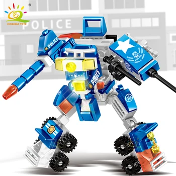 HUIQIBAO 140PCS 6in1 Miesto Policijos Robotas, Statyba Blokai, Policininkas Automobilio Plokštumos Sunkvežimio Modelis Plytų Nustatyti Švietimo Žaislai Vaikams