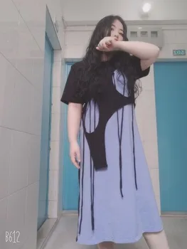 IEQJ Moterų Kontrastingos Spalvos Vidutinio ilgio marškinėliai Suknelė Naują Apvalios Kaklo, ilgomis Rankovėmis Prarasti Mados Banga Pavasario Rudens 2021 3F1339