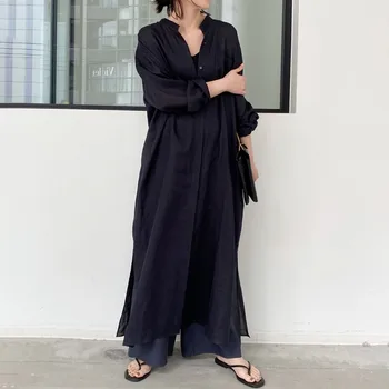 Japonijos korėjiečių Stiliaus 2021 M. Vasarą Naujų vientisos Spalvos Ilgas Moterų Suknelė Single-breasted Splitas Šakių Prarasti Atsitiktinis Paprastumas