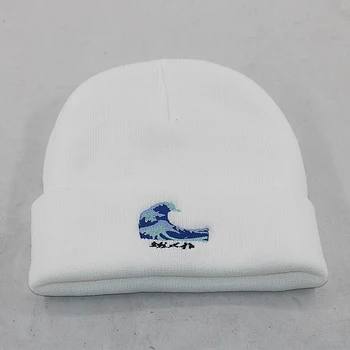 Japonijos vandenyno bangos siuvinėjimo megzti beanie skrybėlių bžūp medvilnės minkštas šiltas žiemą kepurės naujų vyrams, moterims, hip-hop slidinėjimo kepurės