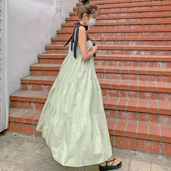 Johnature Vasaros Naują Kratinys Spageti Dirželis Suknelė 2021 Atsitiktinis Korėjos Aikštėje Apykaklės, Rankovių Prarasti Moterų Suknelės