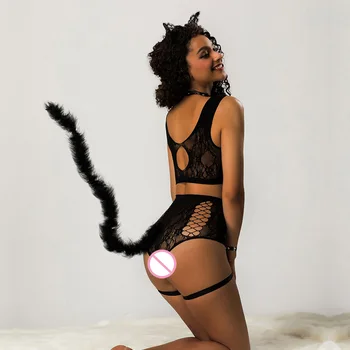 JSY Seksualus Cosplay apatinis Trikotažas Nustatyti Katė Mergina Vienodą tinklo Akių Bodysuit Erotika Nelaisvėje Catsuit Kostiumai Lyties Vaidmenį Vaidina Apranga Klubas naktiniai drabužiai
