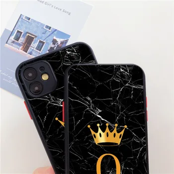 Juodo Marmuro Meno Karūna Laišką Karalius Telefono dėklas Skirtas iPhone 11 12 Pro SE 2020 7 8 Plius Objektyvas Apsaugoti atsparus smūgiams Minkštas Silikoninis Dangtelis