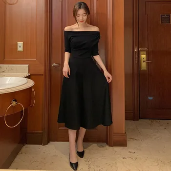 Korėjos Elegantiškas Vientisas Lady Suknelė Vasaros 2021 Elegantiškas, Seksualus Off-The-Pečių Vienas-Kaklo-Line Midi Kietas Atsitiktinis Suknelė Šalis Suknelė