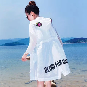 Korėjos Mados Moterų Pavasario Striukė Vasaros Paplūdimys Atostogų Gobtuvu Saulės Plonas Striukes Švarkelis Femme Ilgas Kailis Siuvinėjimas