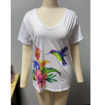 Lotus Lapų Spausdinimo Viršuje Purus Ir Minkštas V-kaklo, Trumpas rankovėmis marškinėliai Moteriška High Street Vasaros Moterų Plius Dydis T-Shirt 2021 Naujas