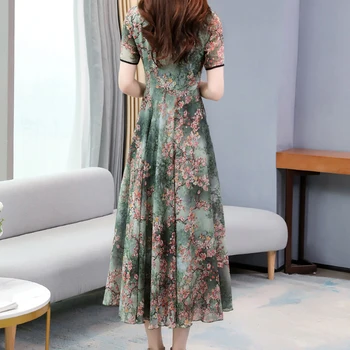M-3XL Šilko Gėlių Spausdinti Trumpas Rankovės Vidutinio Ilgio Kinų Cheongsam Suknelė Elegantiškas Moteris, Vasarą Vestido