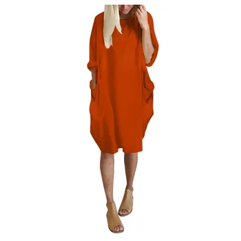 Mados Atsitiktinis Vidutinio ilgio Suknelė 2021 M. Vasarą Plius Dydis Moterų Drabužių Kišenėje ilgomis Rankovėmis Kietas Suknelės Atsitiktinis Marškinėliai Suknelė #BL3