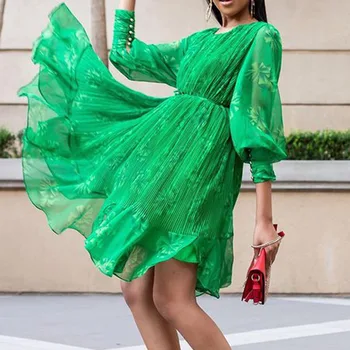 Mados Plius Dydis Ponios Suknelė Atsitiktinis Afrikos Žalia Šifono Apvalios Kaklo Žibintų Pynimas Rankovės 2021 Moterų Office Suknelės Vasarinės