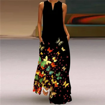Mados Stilius 3D Retro Spausdinti Moterų Sundress 2021 M. Vasarą V-kaklo, Rankovių Elegantiškas Ponios Ilga Suknelė 5XL A40
