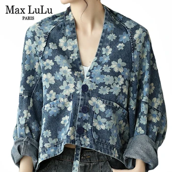 Max LuLu Naujo Dizaino 2021 Streetwear Moterims Gėlių Spausdinti Džinsinio Audinio Švarkai Ponios Batwing Rankovės Trumpos, Paltai Mergaitėms Vintage Drabužių