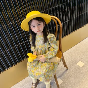 Mergaičių Suknelė Vaikų Medvilnės ilgomis Rankovėmis Gėlių Suknelės Vaikams Mados korėjos Sijonas Baby Princess Drabužių 2021 M. Pavasarį Rudenį