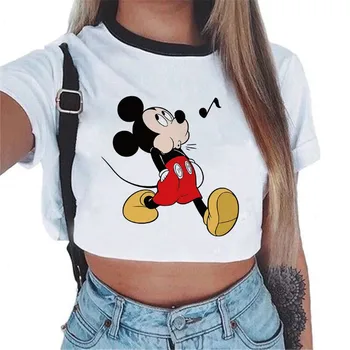 Mickey Mouse Vasaros MOTERIŠKI Marškinėliai Pasėlių Top Viršūnes Trumpas Rankovės Marškinėliai Moters Drabužius Kawaii Spausdinti O-Neck Tee Moterims Vasarą Viršų