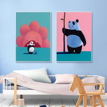 Minimalistinio Šiltų Spalvų Animaciją Mielas Gyvūnų Panda Drobė Spausdinti Plakato Tapybos Šiaurės šalių Sienos Nuotrauka Kūdikių, Vaikų kambario Dekoro