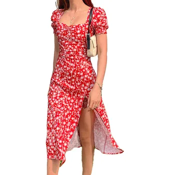 Moterims Gėlių Spausdinti Raudona Suknelė Vasaros Elegantiškas Aikštėje Apykaklės Sluoksniuotos Rankovėmis Pusės Split 