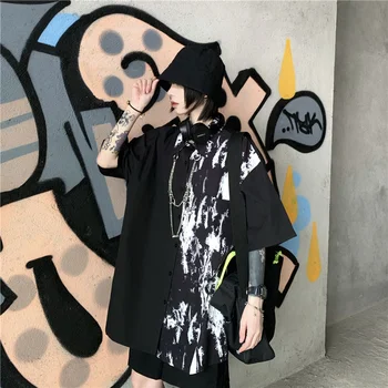 Moteriški Marškinėliai 2021 M. Vasarą Naujų Harajuku Streetwear Mados VIRŠUTINIS Atvartas Trumpas Rankovės Metalo Grandinės Tendencija Spausdinimo Juoda Plati Palaidinė