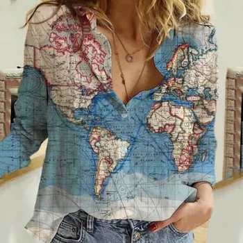 Moterų Atvartas Mygtuką Marškinėliai Pasaulio Žemėlapio Spausdinimo ilgomis Rankovėmis Prarasti Atsitiktinis Viršų Moterys Derliaus Plius Dydžio Drabužių Moterims Palaidinės R5