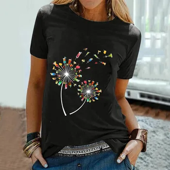 Moterų marškinėliai trumpomis Rankovėmis 2021 Elegantiškas Kratinys Apvalios Kaklo Gėlių Spausdinti Mados Atsitiktinis Palaidų Ponios Marškinėliai Moteriška T-shirt R5