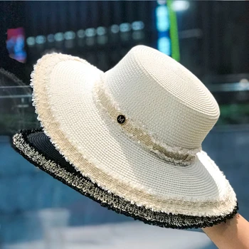 Moterų retro butas šiaudų skrybėlę su dideliais kraštais kraštais skrybėlę M standartas pajūrio atostogų paplūdimio skrybėlę skėtį nuo saulės top hat