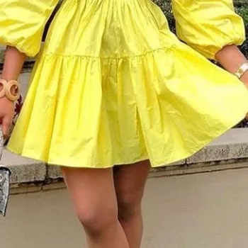 Moterų streetwear geltonos spalvos mini suknelė mados sluoksniuotos rankovėmis linijos high waisted tunika jaunų merginų data atsitiktinis vasaros trumpos suknelės